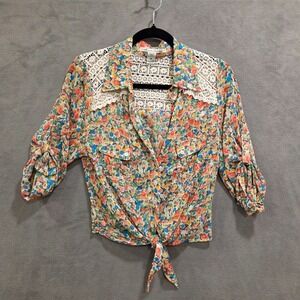 American Rag Cie Blouse Womens Medium Crochet Boho Floral Crew Tie‎ Front
